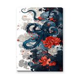 Floral Octopus Traditional Wall Art Print – Navy Sea Life With Red Blossoms