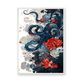 Floral Octopus Traditional Wall Art Print – Navy Sea Life With Red Blossoms