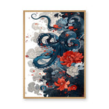 Floral Octopus Traditional Wall Art Print – Navy Sea Life With Red Blossoms