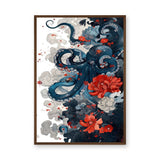 Floral Octopus Traditional Wall Art Print – Navy Sea Life With Red Blossoms