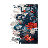 Floral Octopus Traditional Wall Art Print – Navy Sea Life With Red Blossoms