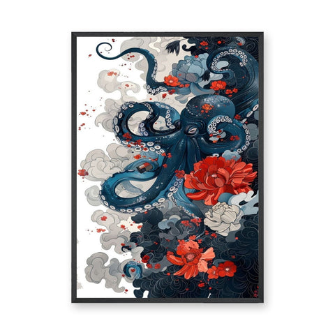 Floral Octopus Traditional Wall Art Print – Navy Sea Life With Red Blossoms