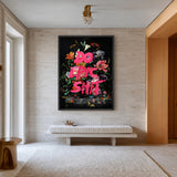 Floral Still Life Typography Wall Art Poster – Dark Bouquet with Hot Pink Quote