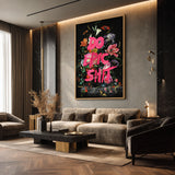 Floral Still Life Typography Wall Art Poster – Dark Bouquet with Hot Pink Quote