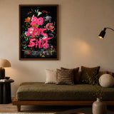 Floral Still Life Typography Wall Art Poster – Dark Bouquet with Hot Pink Quote