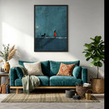 Girl And Cat Surreal Wall Art Poster – Red Dress Figure on Teal Wall
