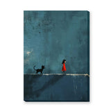 Girl And Cat Surreal Wall Art Poster – Red Dress Figure on Teal Wall