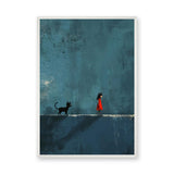 Girl And Cat Surreal Wall Art Poster – Red Dress Figure on Teal Wall