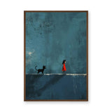 Girl And Cat Surreal Wall Art Poster – Red Dress Figure on Teal Wall