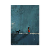 Girl And Cat Surreal Wall Art Poster – Red Dress Figure on Teal Wall