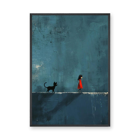Girl And Cat Surreal Wall Art Poster – Red Dress Figure on Teal Wall