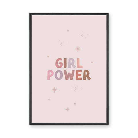 Girl Power Typography Wall Art Poster – Pastel Pink Stars and Sparkles