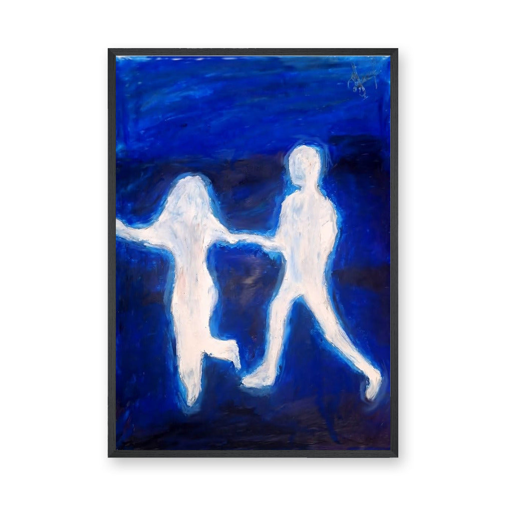 Glowing Figures Abstract Modern Wall Art Poster – White Figures on Deep Blue