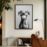 Happy Dog Modern Wall Art Print – Black and White Portrait With Ball