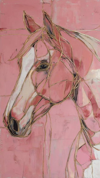 Horse Abstract Line-Art Wall Decor – Pink and Gold Portrait Print