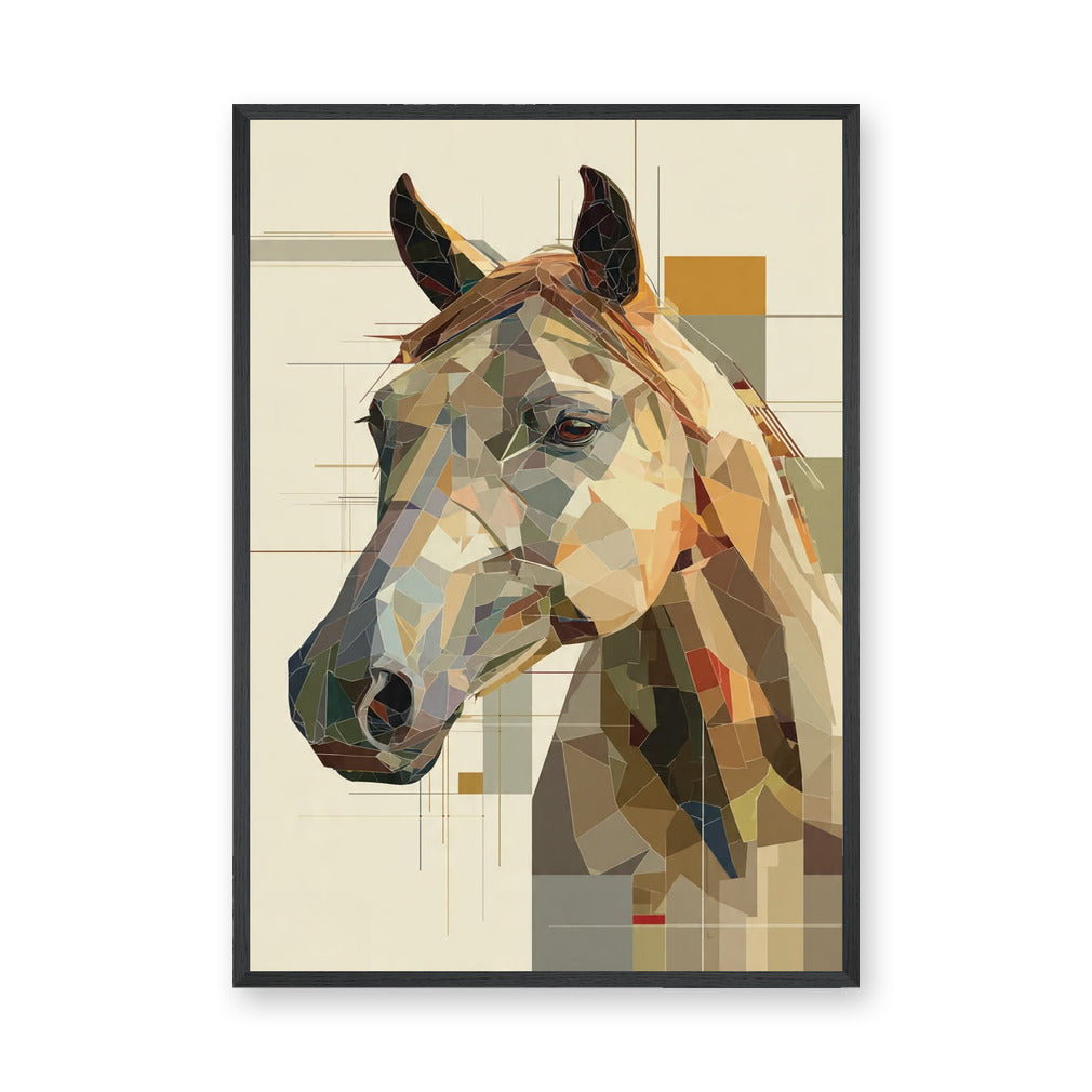 Horse Geometric Wall Art Poster – Abstract Portrait in Earthy Beige Tones