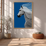 Horse Line Art Wall Decor – White Profile on Deep Blue Background