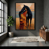 Indigenous Woman And Black Horse Boho Wall Art Print – Warm Prairie Portrait