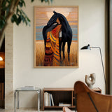 Indigenous Woman And Black Horse Boho Wall Art Print – Warm Prairie Portrait