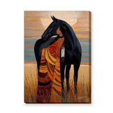 Indigenous Woman And Black Horse Boho Wall Art Print – Warm Prairie Portrait