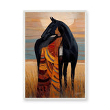 Indigenous Woman And Black Horse Boho Wall Art Print – Warm Prairie Portrait