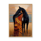 Indigenous Woman And Black Horse Boho Wall Art Print – Warm Prairie Portrait