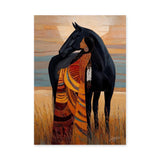 Indigenous Woman And Black Horse Boho Wall Art Print – Warm Prairie Portrait