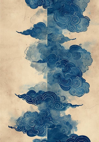 Japanese Cloud Traditional Wall Decor – Abstract Blue Swirls on Beige