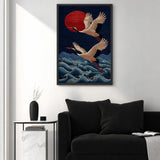 Japanese Cranes Traditional Wall Art Poster – Red Sun Over Navy Waves