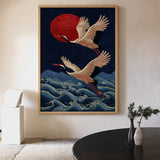 Japanese Cranes Traditional Wall Art Poster – Red Sun Over Navy Waves