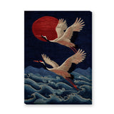 Japanese Cranes Traditional Wall Art Poster – Red Sun Over Navy Waves