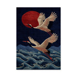 Japanese Cranes Traditional Wall Art Poster – Red Sun Over Navy Waves