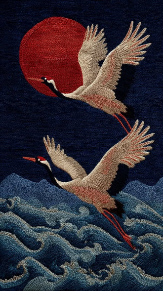 Japanese Cranes Traditional Wall Art Poster – Red Sun Over Navy Waves