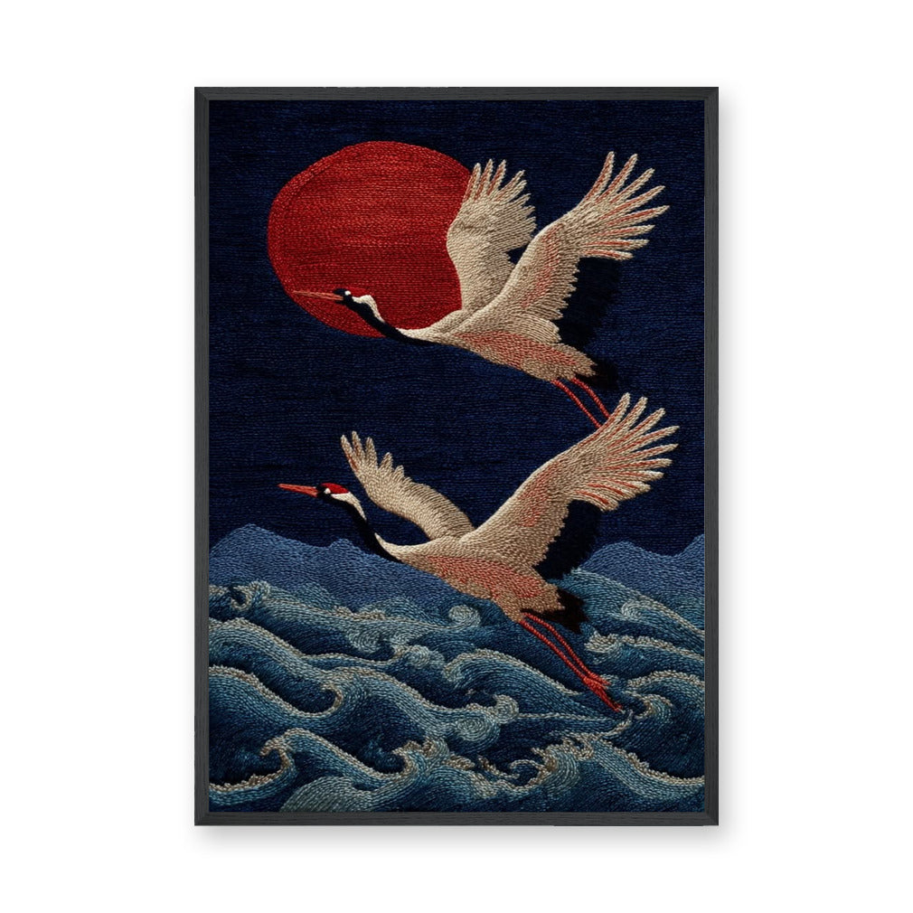 Japanese Cranes Traditional Wall Art Poster – Red Sun Over Navy Waves