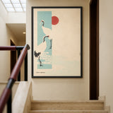 Japanese Cranes Vintage Wall Art Print – Red Sun on Cream Japandi Print