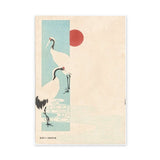 Japanese Cranes Vintage Wall Art Print – Red Sun on Cream Japandi Print