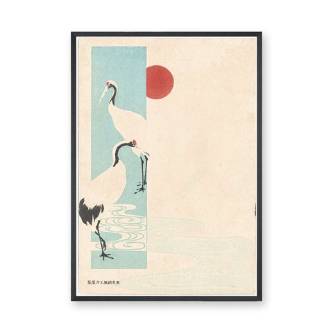 Japanese Cranes Vintage Wall Art Print – Red Sun on Cream Japandi Print