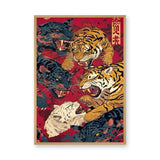 Japanese Tiger Panther Traditional Wall Art Print – Roaring Cats on Red