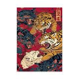 Japanese Tiger Panther Traditional Wall Art Print – Roaring Cats on Red