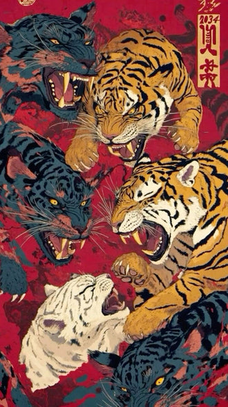 Japanese Tiger Panther Traditional Wall Art Print – Roaring Cats on Red