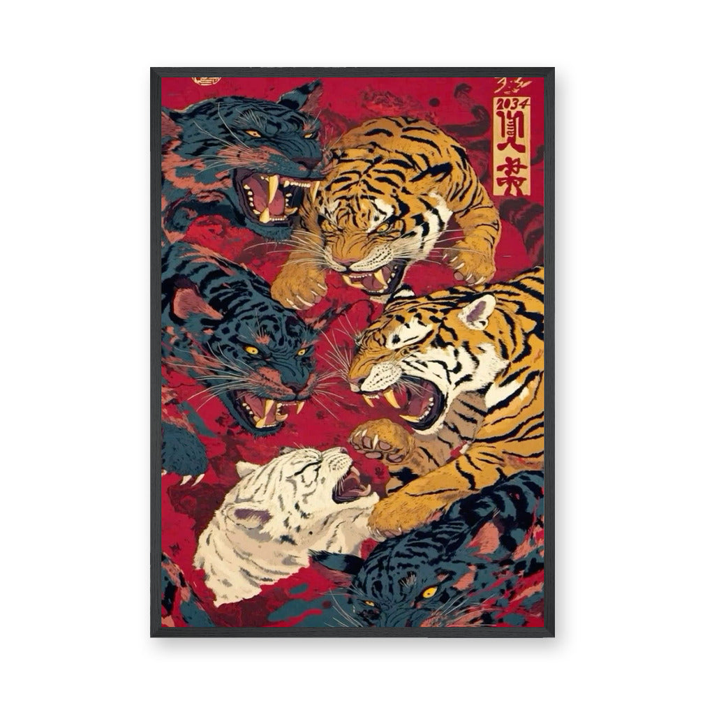 Japanese Tiger Panther Traditional Wall Art Print – Roaring Cats on Red
