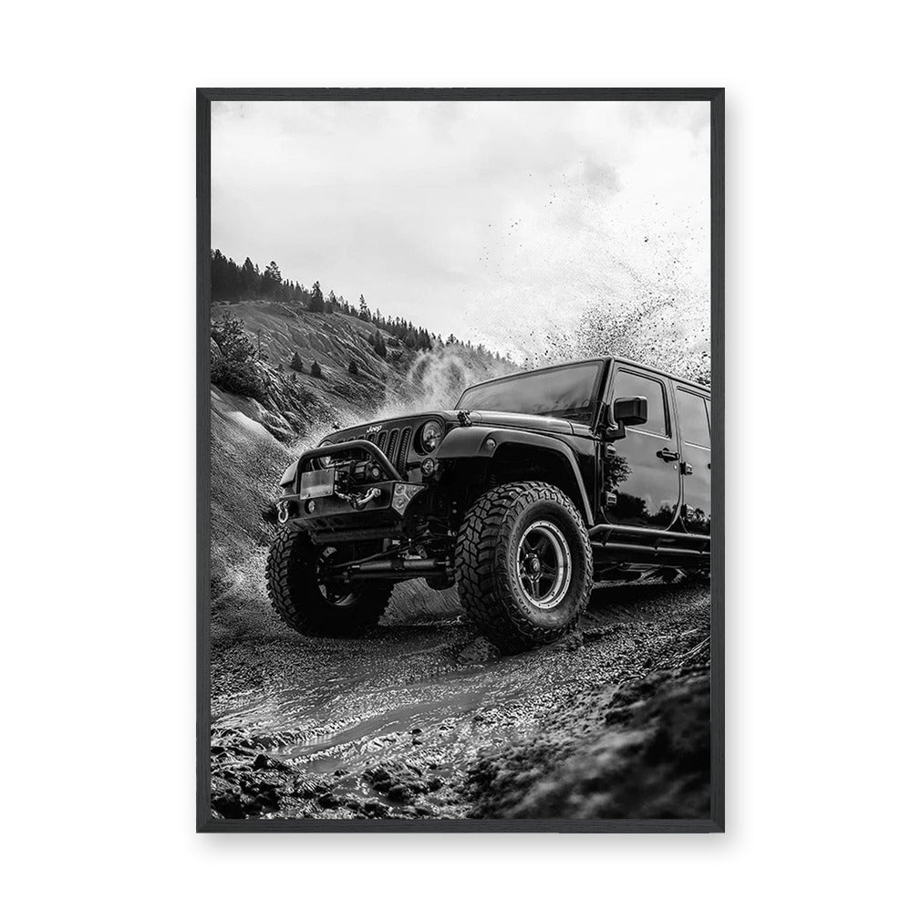 Jeep Wrangler Off Road Modern Wall Art Poster – Black and White Mud Trail Photo