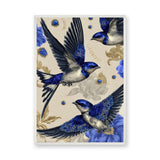 Jeweled Blue Swallows Maximalist Wall Art Poster – Gold Floral Fashion Accent