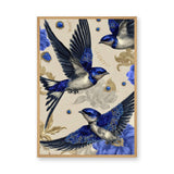 Jeweled Blue Swallows Maximalist Wall Art Poster – Gold Floral Fashion Accent