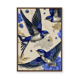 Jeweled Blue Swallows Maximalist Wall Art Poster – Gold Floral Fashion Accent