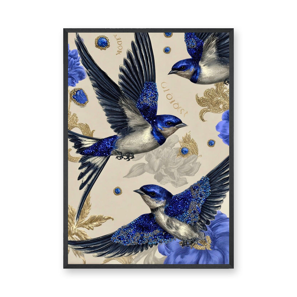 Jeweled Blue Swallows Maximalist Wall Art Poster – Gold Floral Fashion Accent