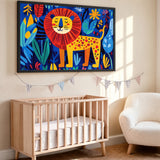 Jungle Lion Kids Wall Art Poster – Colorful Leaves and Flowers for Playful Rooms