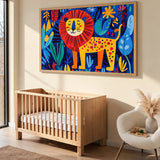 Jungle Lion Kids Wall Art Poster – Colorful Leaves and Flowers for Playful Rooms