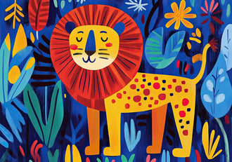 Jungle Lion Kids Wall Art Poster – Colorful Leaves and Flowers for Playful Rooms