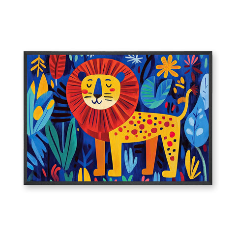 Jungle Lion Kids Wall Art Poster – Colorful Leaves and Flowers for Playful Rooms